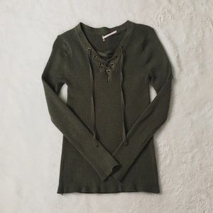 Poof Ribbed Skin-Tight Lace-Up Sweater